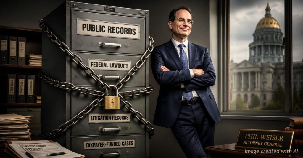 Colorado Attorney General Phil Weiser leans against a chained filing cabinet labeled public records, federal lawsuits, litigation records and taxpayer-funded cases.