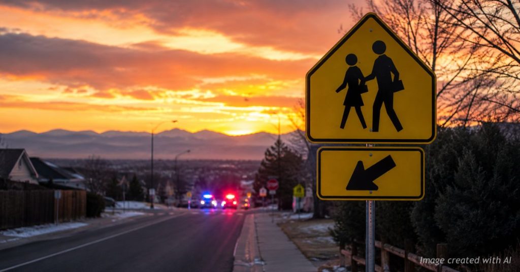 School crossing sign with distant police lights in a Colorado neighborhood.