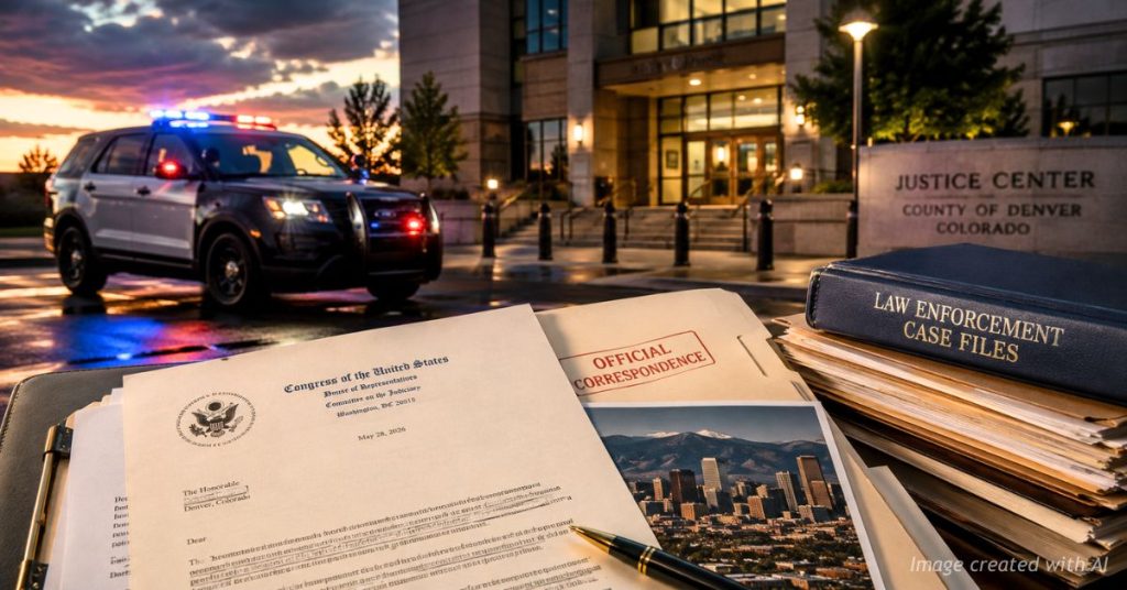 Law enforcement vehicle and courthouse illustrating immigration enforcement and public safety concerns.