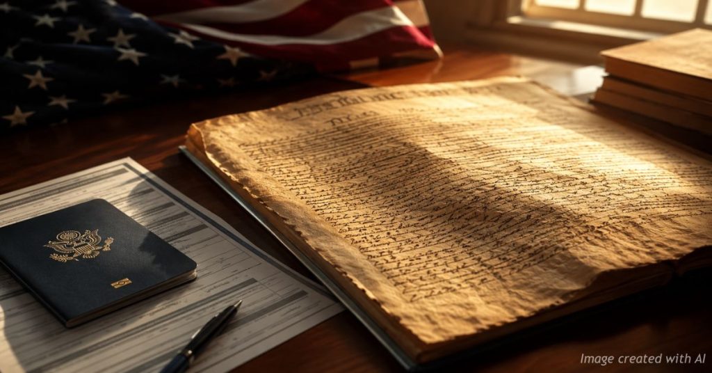 The U.S. Constitution beside voting documents symbolizes constitutional election safeguards.