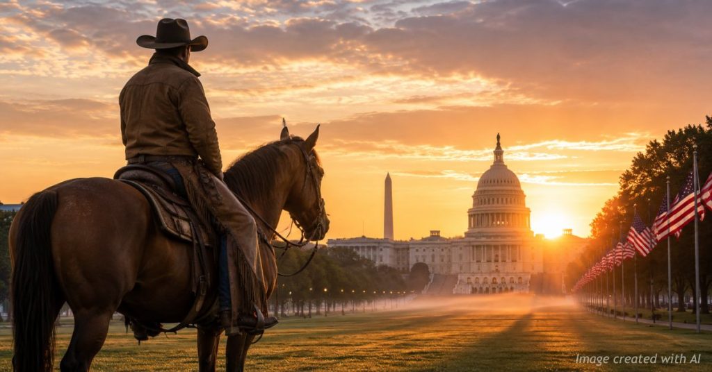 A cowboy on horseback overlooks the U.S. Capitol at sunrise on the National Mall.