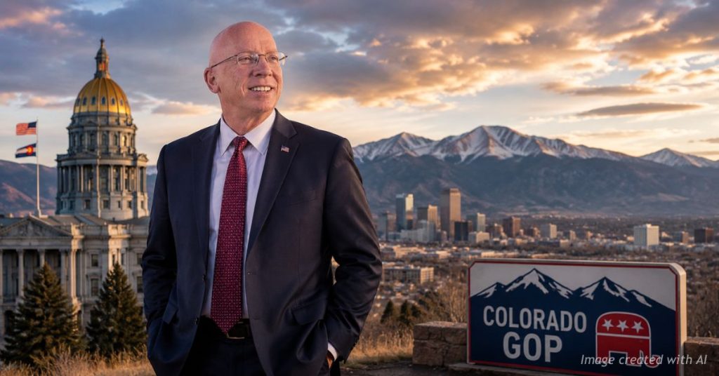 Craig Steiner stands confidently overlooking Denver and the Colorado Capitol after becoming Colorado GOP chairman.