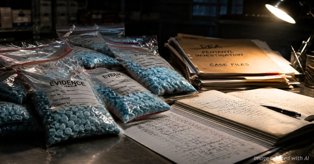 Evidence bags containing blue fentanyl pills sit beside investigative files in a dramatic editorial scene.