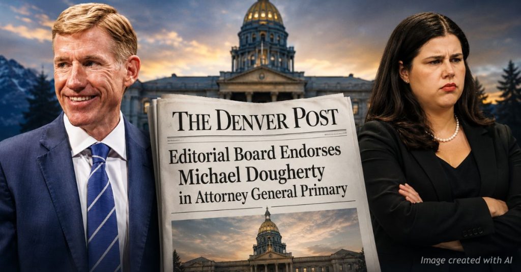 Michael Dougherty and Jena Griswold featured in a split-screen Colorado attorney general primary graphic.