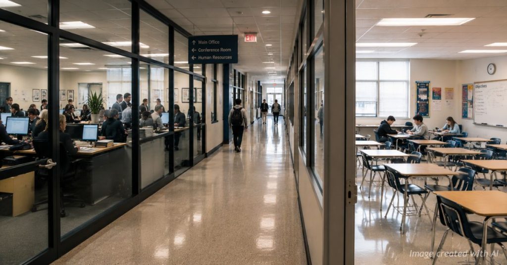 Busy school administration offices overlook a hallway and sparsely populated classroom with many empty desks.