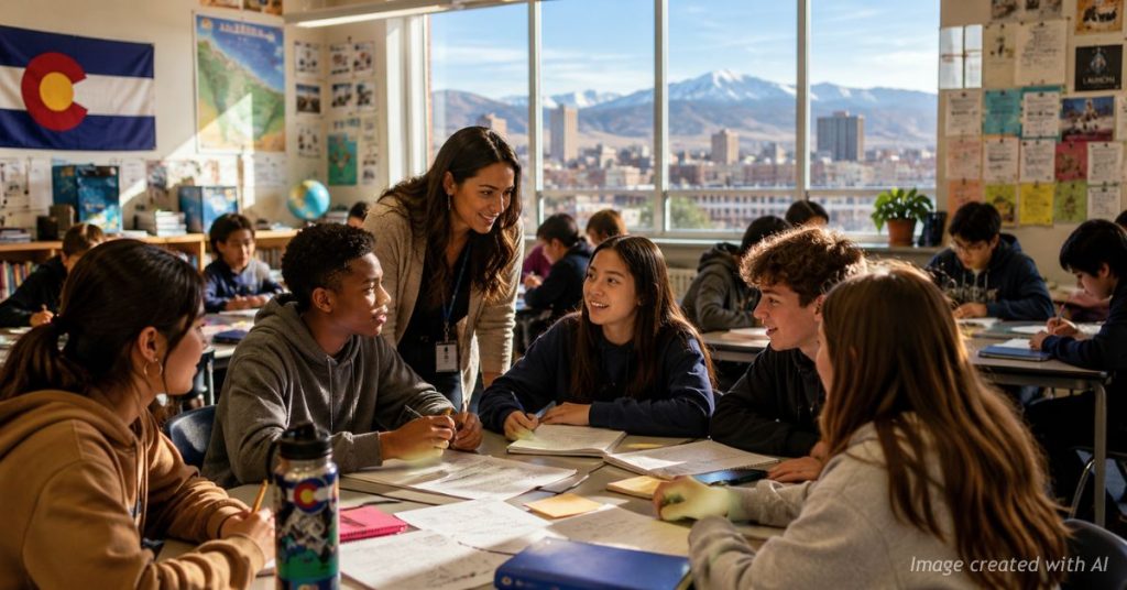 Denver students collaborate in class without phones following new district policy.