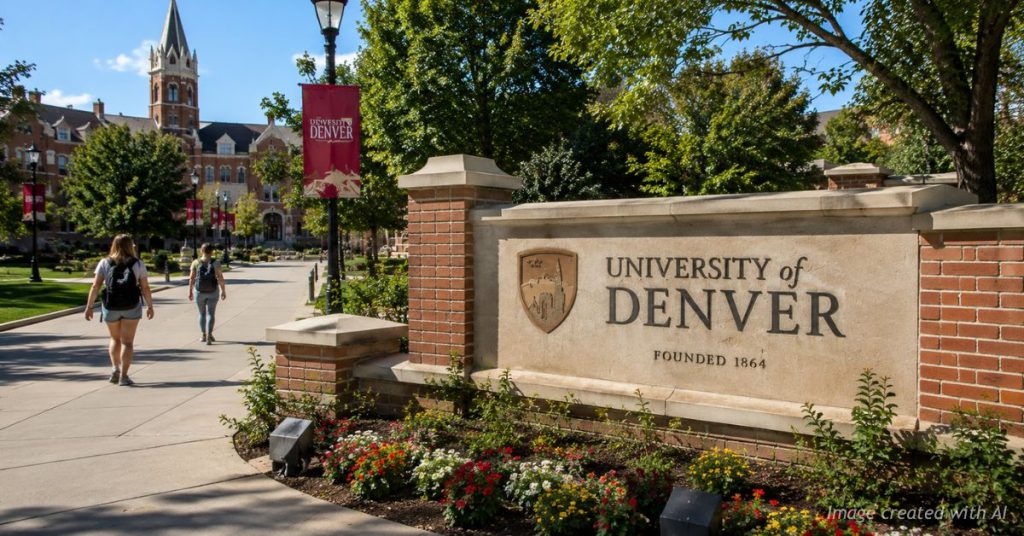 University of Denver campus entrance sign on a sunny day as students walk through campus amid enrollment and restructuring changes.