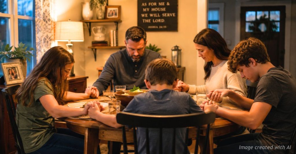 Parents and three children hold hands and pray together before dinner in a warmly lit family dining room.