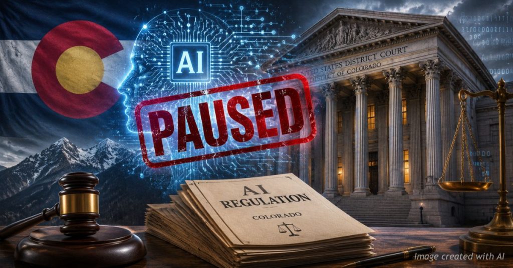 AI technology and federal courthouse imagery divided by a symbolic line of conflict.