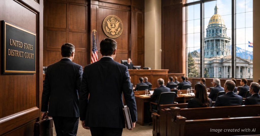 Federal attorneys entering courtroom in challenge to Colorado U-Visa law.