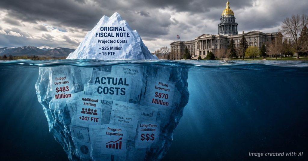 Iceberg illustrating hidden government costs beneath initial fiscal estimates in Colorado.