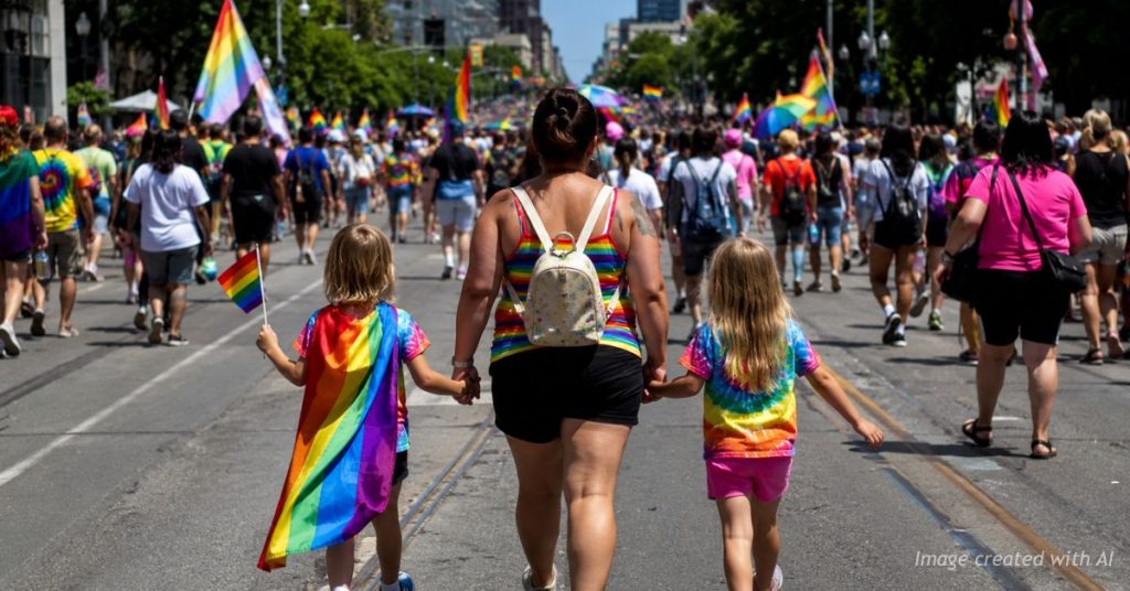 Woman and two children wearing Pride-themed clothing walk in a Pride parade amid a large crowd carrying rainbow flags.
