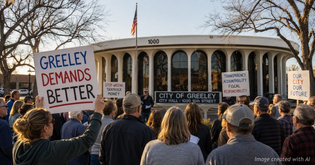 Colorado residents gather outside Greeley City Hall with a Greeley Demands Better sign.