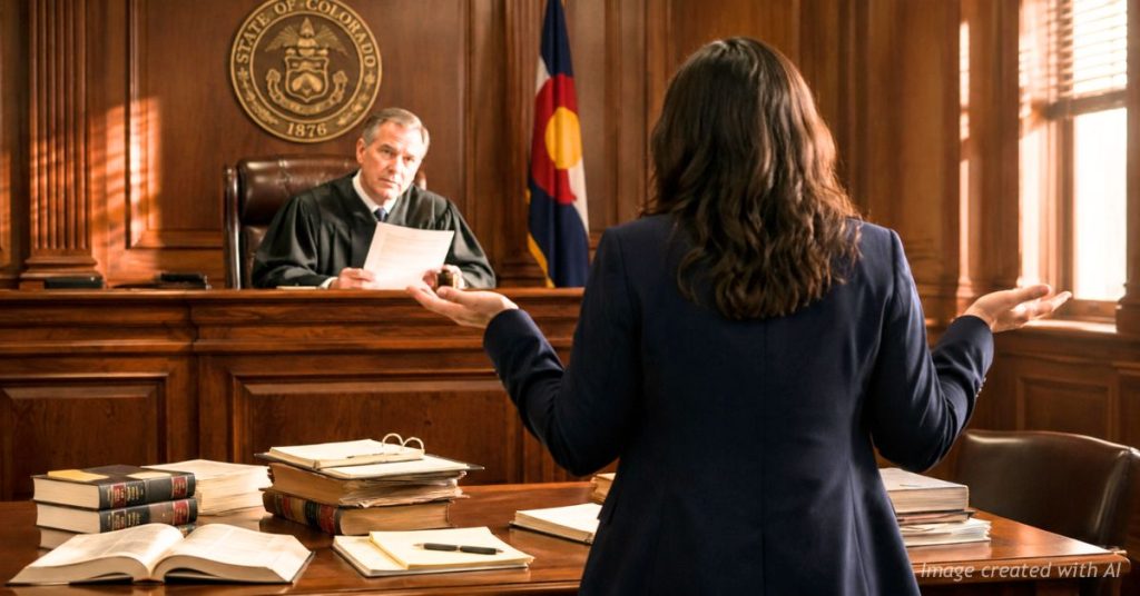 Jena Griswold shrugs before a judge in a symbolic courtroom illustration about attorney general qualifications.