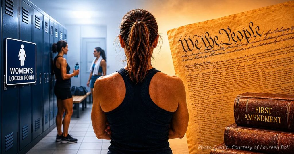 Fitness instructor stands between a women's locker room and constitutional documents symbolizing free speech and privacy concerns.