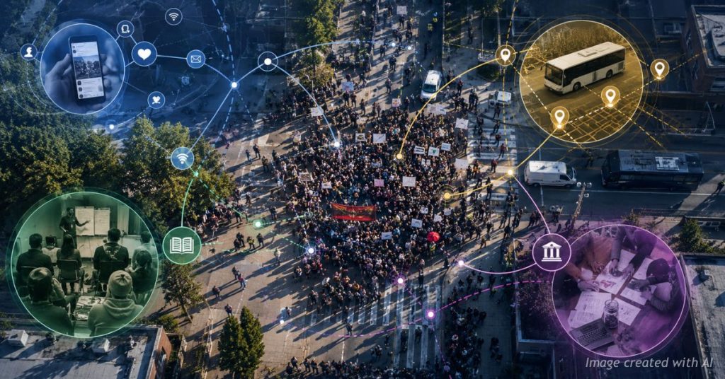 Layered visualization of protest strategy, communications and logistics
