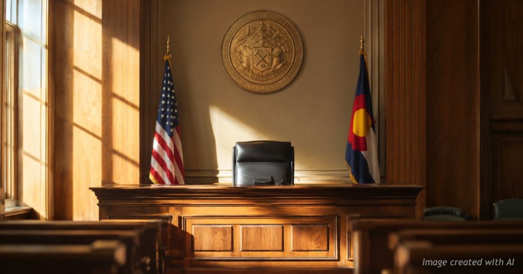 Empty Colorado courtroom bench symbolizing judicial appointments and public oversight.