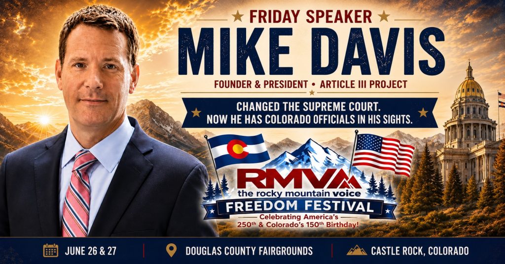 Mike Davis, founder and president of the Article III Project, featured as a Friday speaker at the Rocky Mountain Voice Freedom Festival in Castle Rock, Colorado.