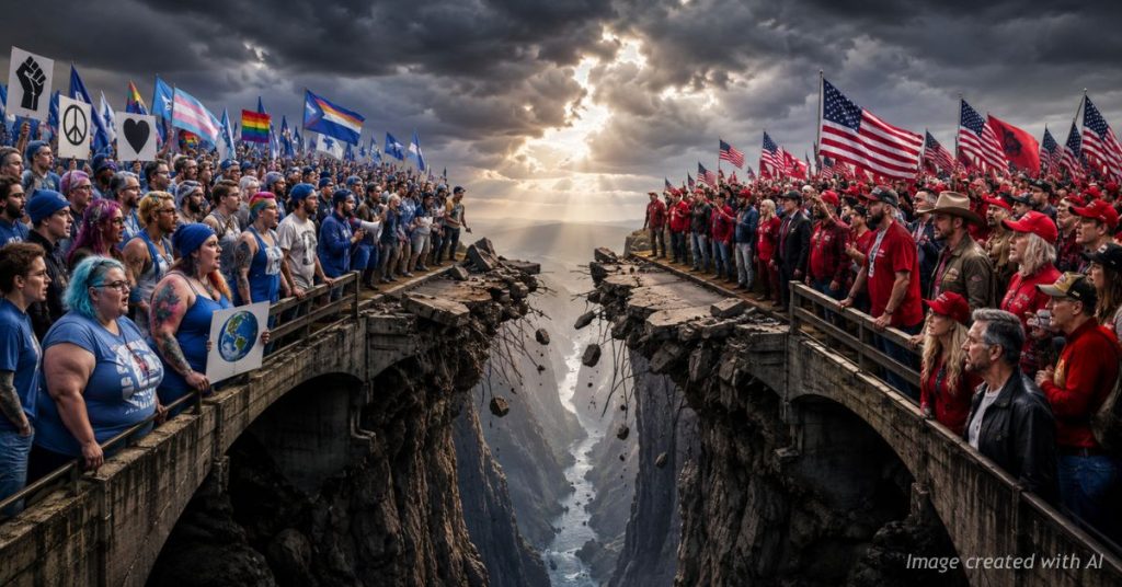Crowds representing opposing political ideologies face each other across a collapsed bridge symbolizing America’s political divide.