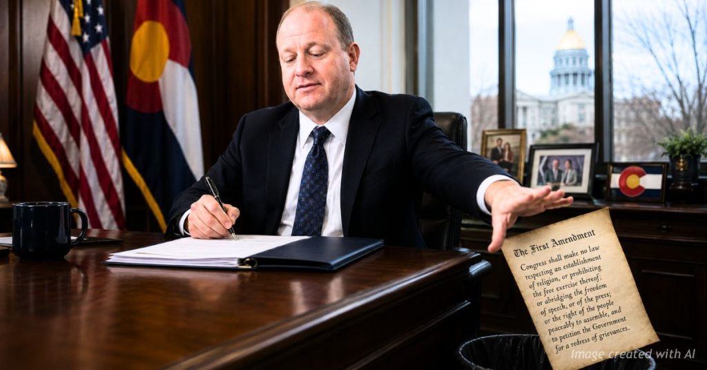 Colorado Gov. Jared Polis signs legislation at his desk while a document representing the First Amendment falls toward a trash bin, symbolizing concerns about free speech and counseling regulations.