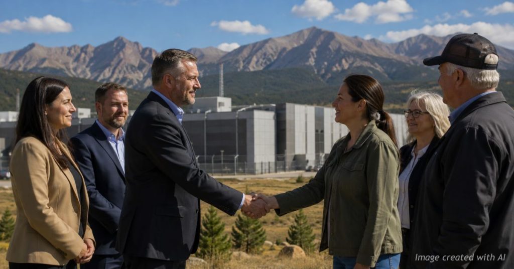 Handshake symbolizes agreement between economic growth and community interests.