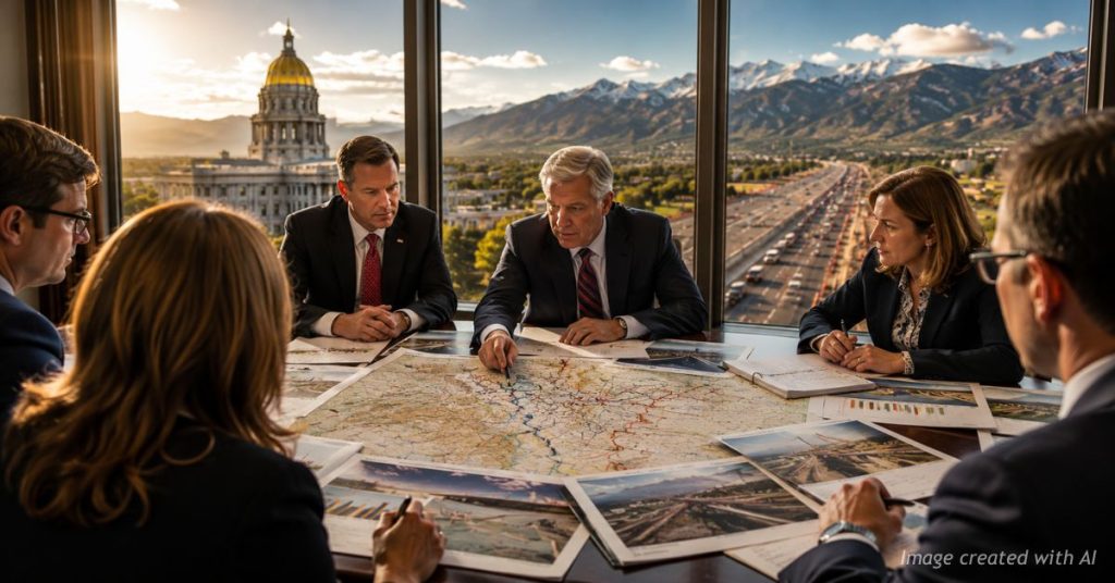 Colorado lawmakers and transportation advocates review road funding proposals with the Capitol and highway visible behind them.