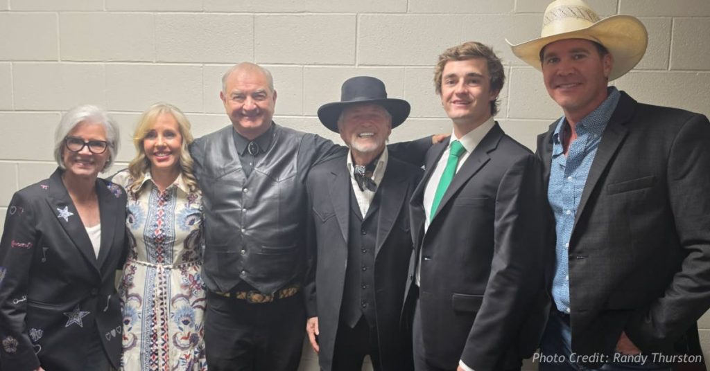 Randy Thurston stands backstage at Freedom Fest with Janis Gatlin, Bonnie Shirley, Larry Gatlin, Nick Shirley and Curtis Grimes.