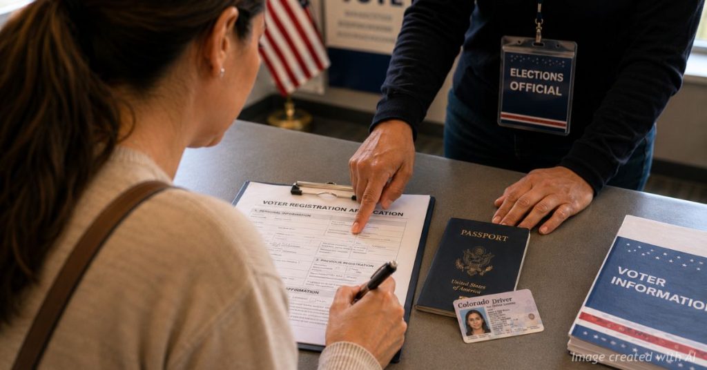 Citizen presents identification while completing voter registration paperwork.