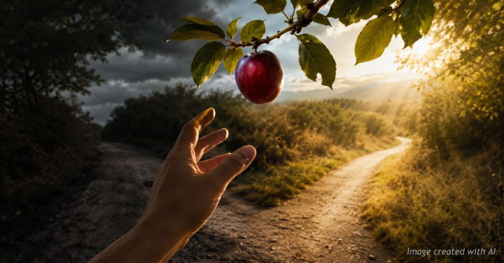 Hand reaching for plum above forked path symbolizing temptation and self-control.