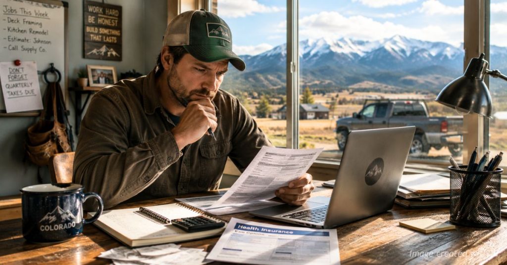 Self-employed Colorado worker reviewing health insurance information.