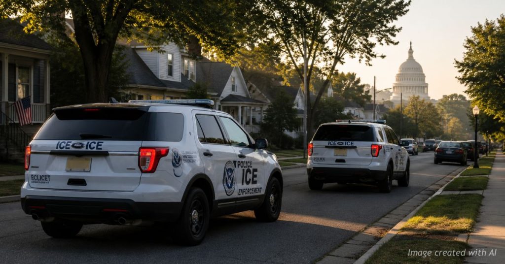 Two marked ICE vehicles patrol a quiet residential neighborhood at sunrise with the U.S. Capitol visible in the distance.
