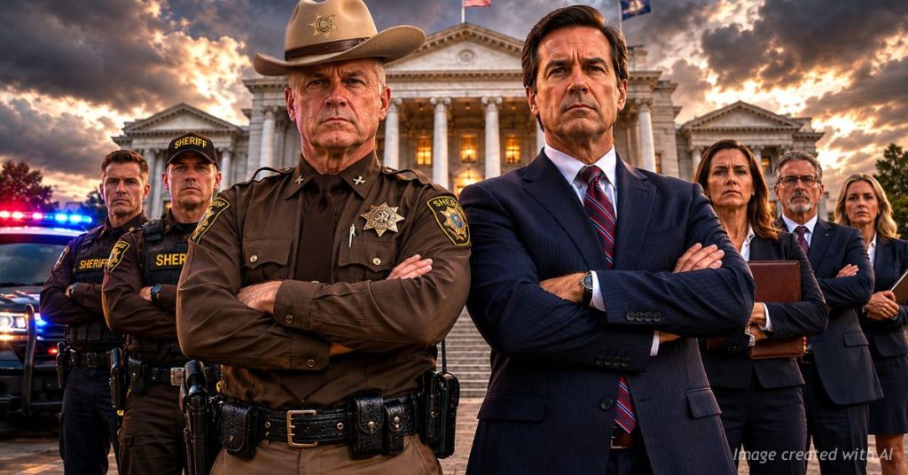 Sheriffs and prosecutors stand before a state capitol, signaling opposition to state immigration and gun policies.