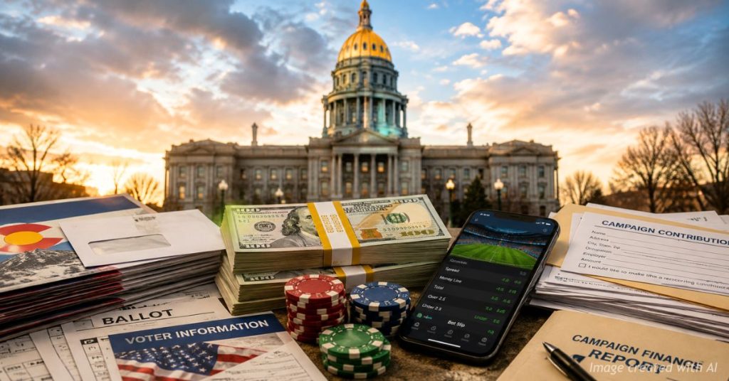 Campaign materials and cash displayed before the Colorado Capitol symbolize election spending.