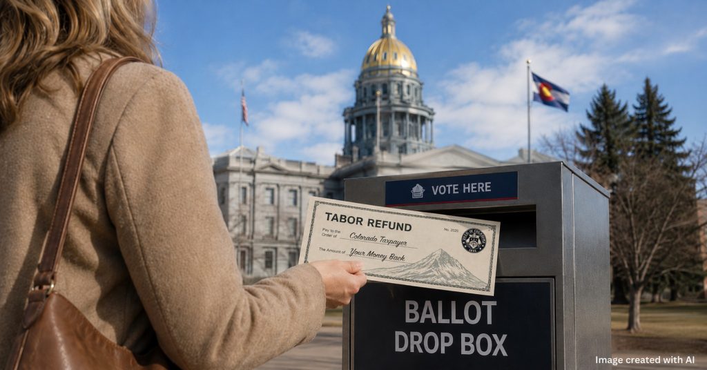 Voter places a TABOR refund ballot into a Colorado ballot drop box outside the State Capitol.