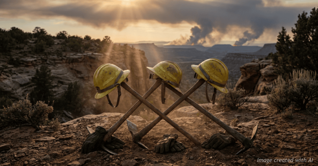 Three wildland firefighter helmets displayed in tribute overlooking wildfire smoke in western Colorado.