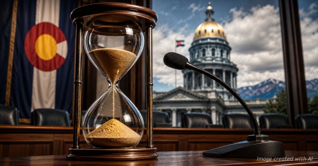 Hourglass beside a microphone representing limited public testimony time.