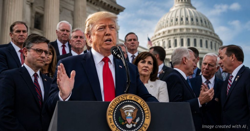 President Trump speaks as House Republicans gather behind him amid SAVE America Act debate.