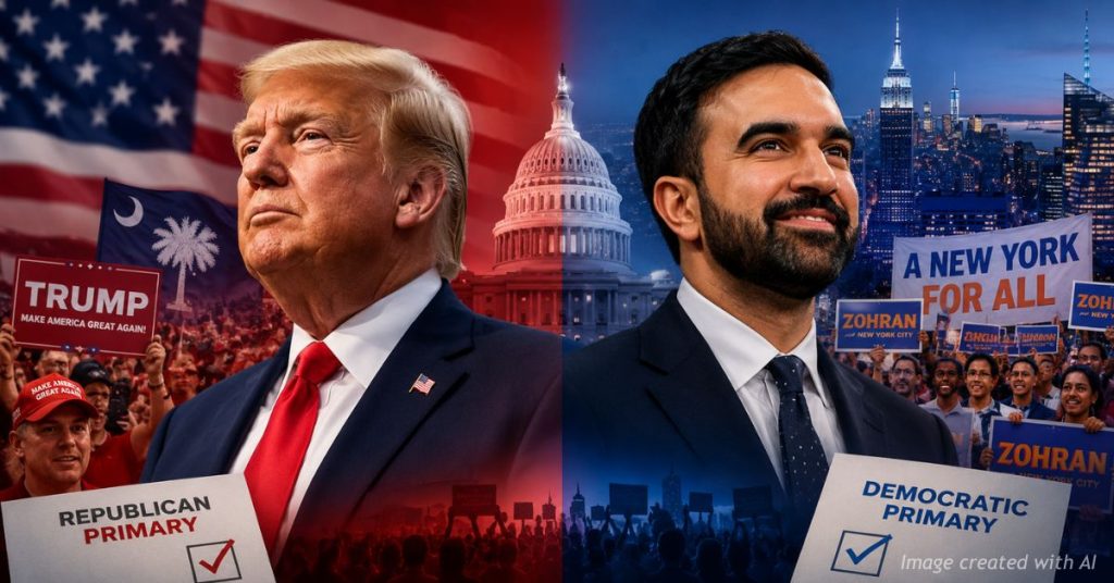 Donald Trump and Zohran Mamdani shown in split-screen editorial image symbolizing party influence.