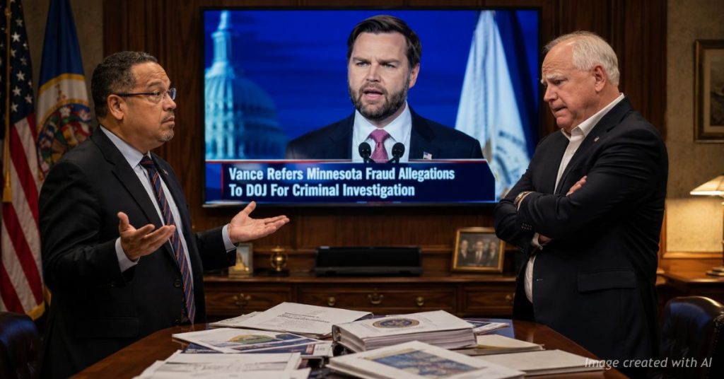 Walz and Ellison react in a governor's office as a TV displays JD Vance announcing a DOJ fraud investigation referral.