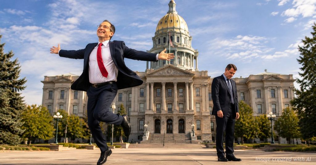 Phil Weiser appears upbeat while Michael Bennet looks down outside the Colorado State Capitol.