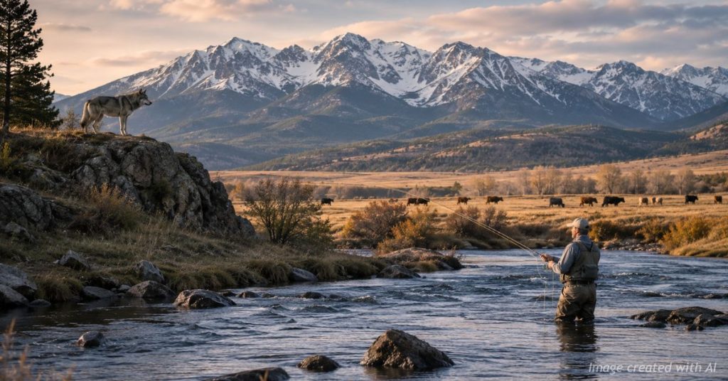 Rancher hunter and angler overlooking Colorado landscape at sunrise.