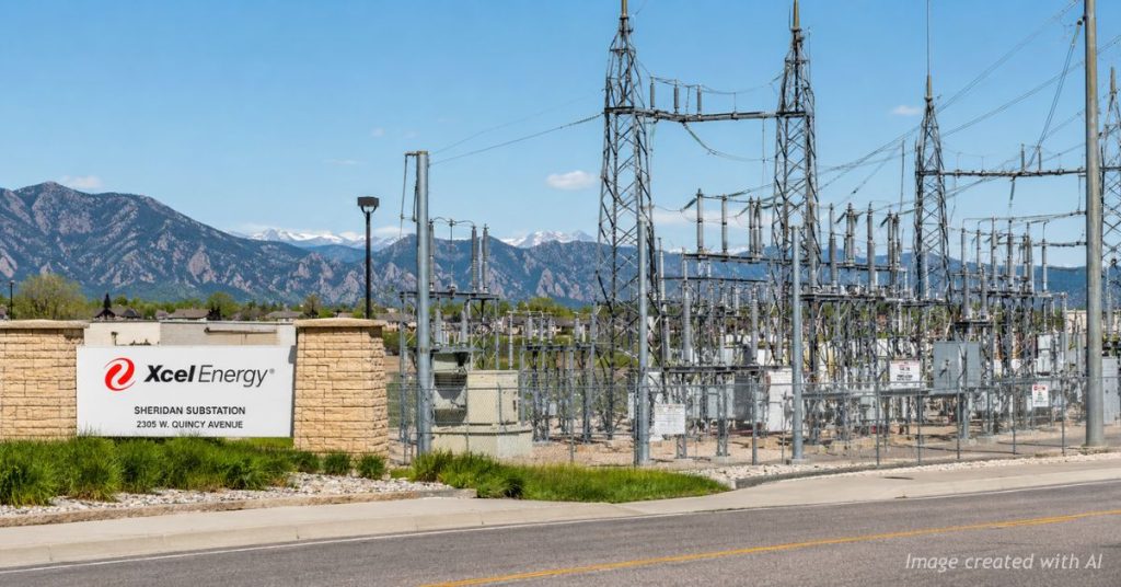 Xcel Energy electrical substation in suburban Colorado with Rocky Mountains visible in the background.