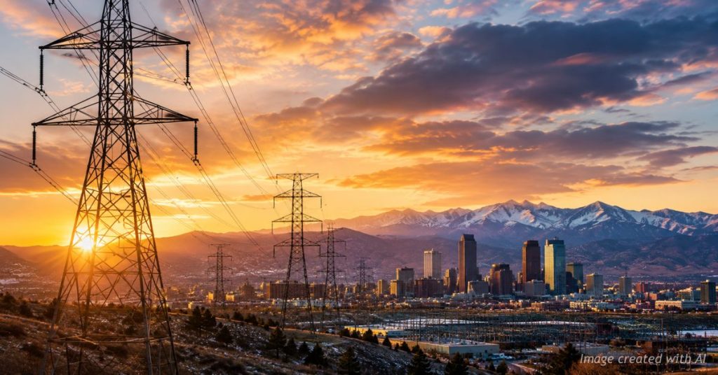 Power transmission lines stretch toward Denver skyline.