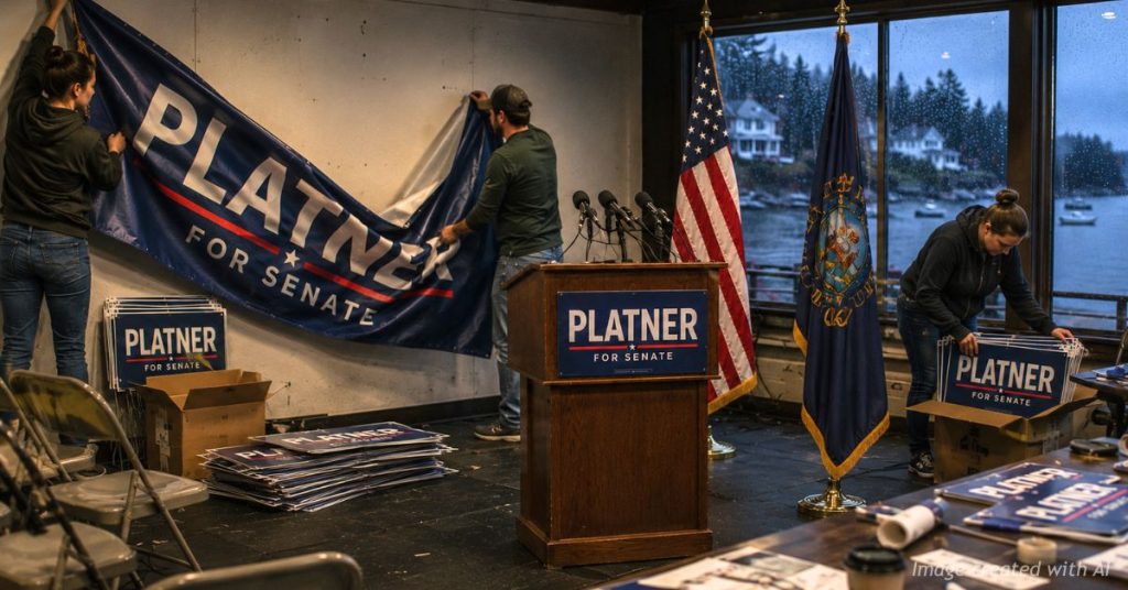Empty campaign podium after Maine Democratic Senate campaign suspension.