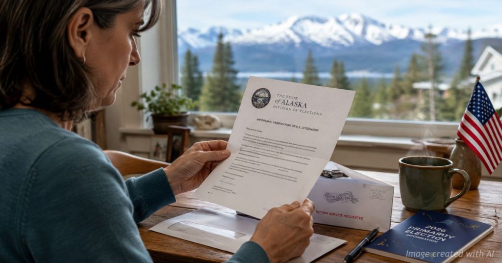 Hands holding an Alaska election citizenship verification notice beside voting materials.