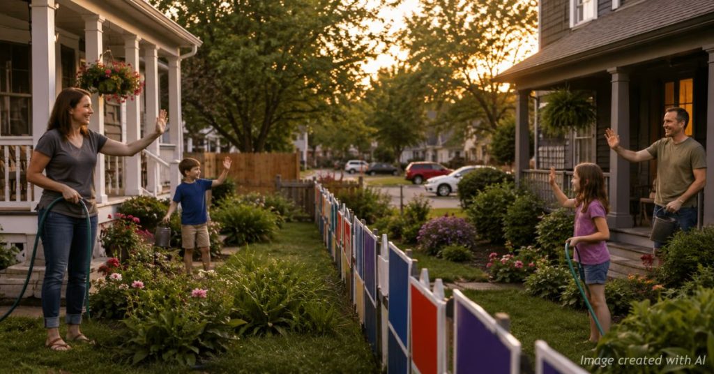 Neighbors separated by campaign signs still greeting each other across a fence.