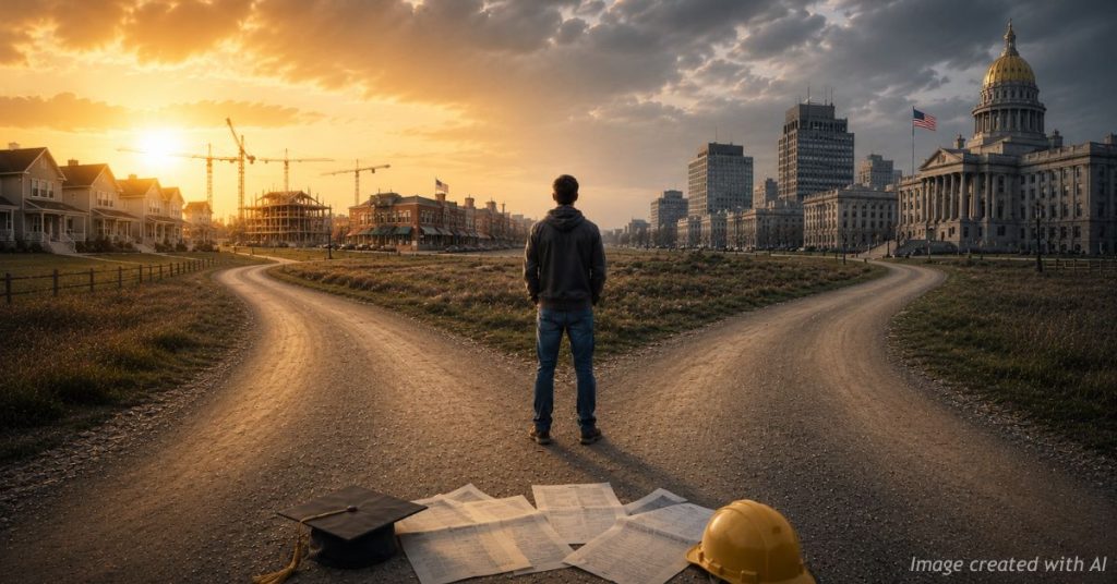 Young adult stands at a fork in the road between a growing neighborhood and a government district, symbolizing economic choices.