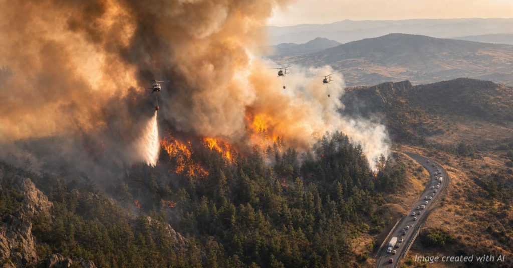 Aerial view of the Aspen Acres Fire burning across southern Colorado as helicopters battle the wildfire.