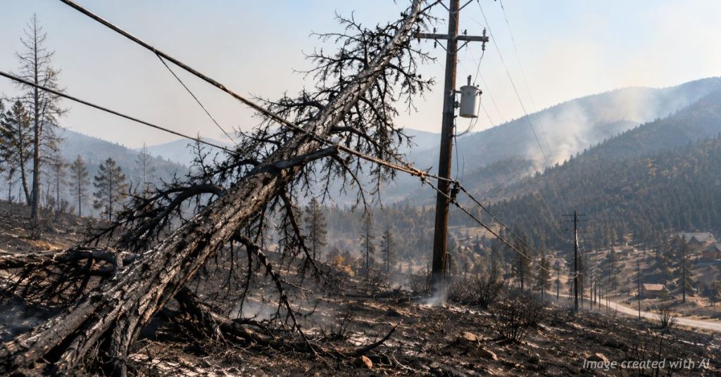 Charred tree leaning against damaged power lines on a burned Colorado hillside following the Aspen Acres Fire.