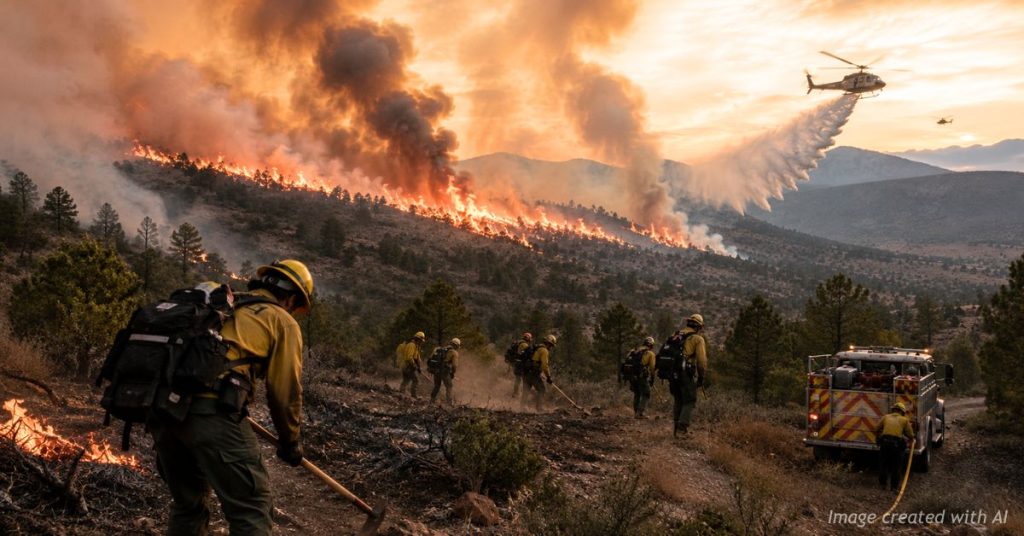 Colorado firefighters battle the Aspen Acres Fire along an active fire line in southern Colorado.